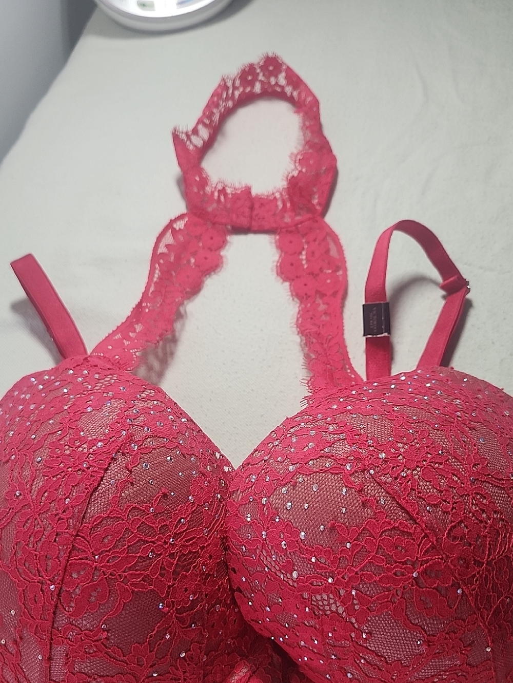 Victoria's Secret Lace Halter Push-Up Bra in Bright Pink